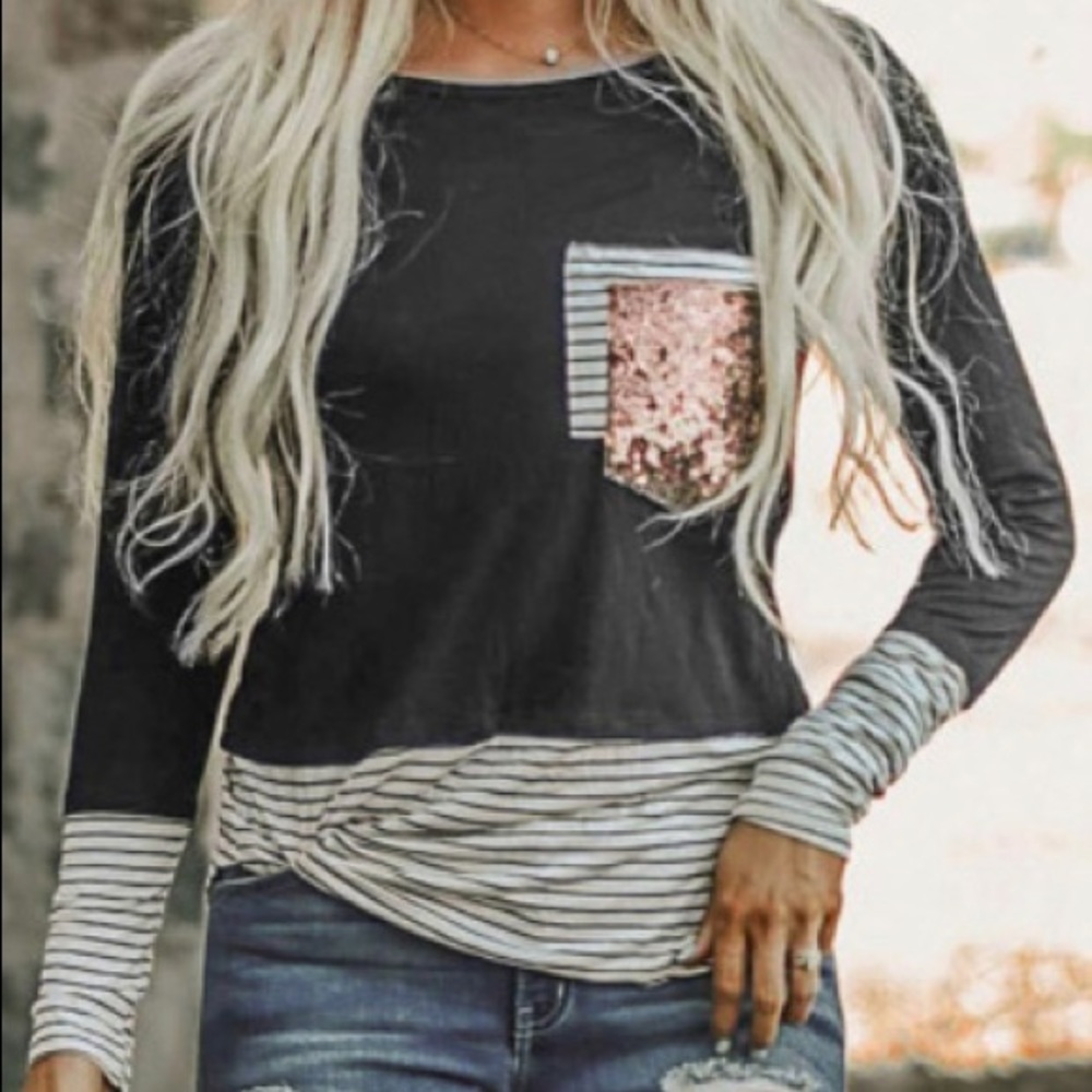 Stripe Pocket Sequins Splicing Long Sleeve O-neck